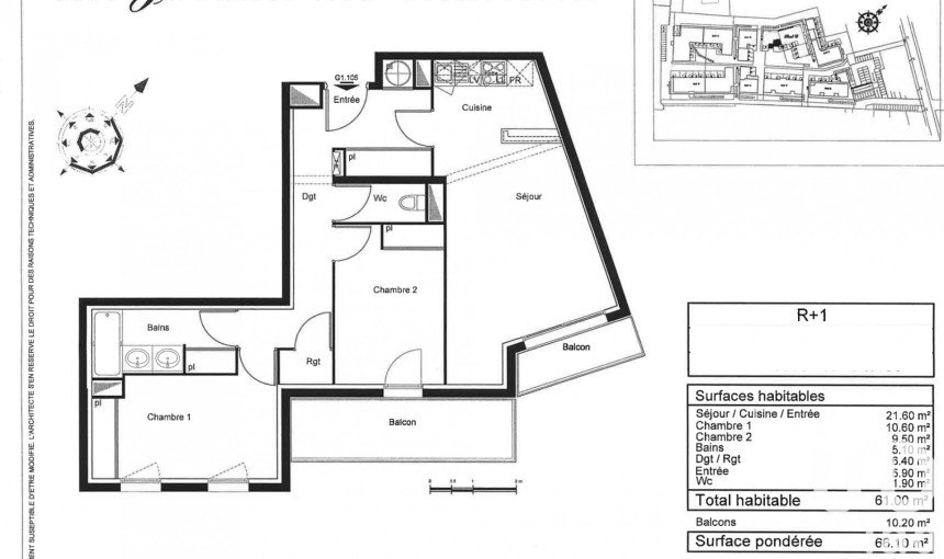 Appartement 3 pièces de 61 m² à Bordeaux (33300)