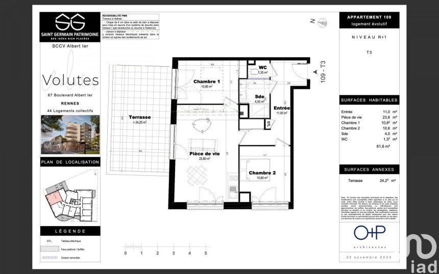 Appartement 3 pièces de 61 m² à Rennes (35000)