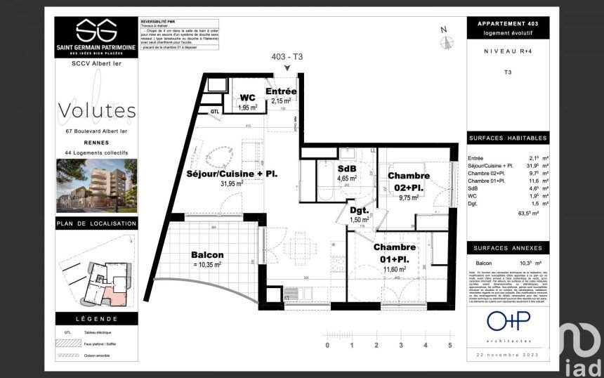 Apartment 3 rooms of 63 m² in Rennes (35000)