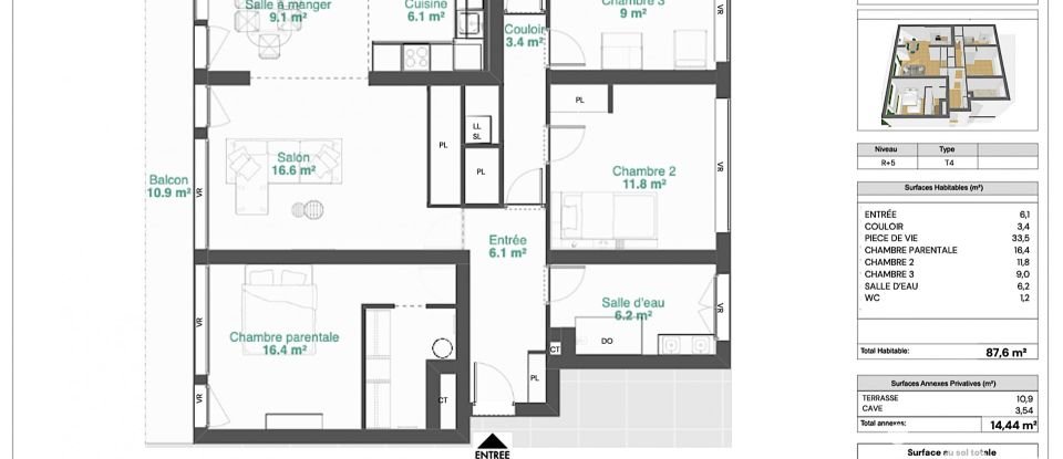 Appartement 4 pièces de 88 m² à La Roche-sur-Yon (85000)